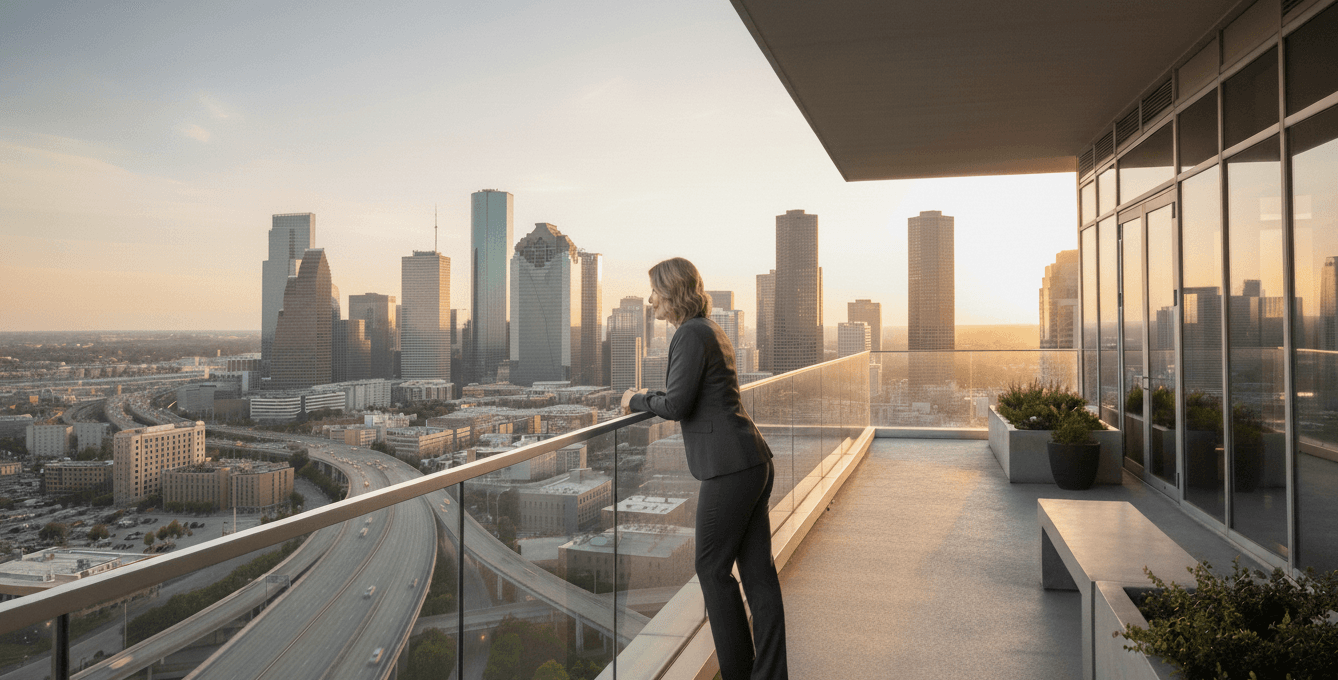 About Alexandra Sterling overlooking Houston skyline
